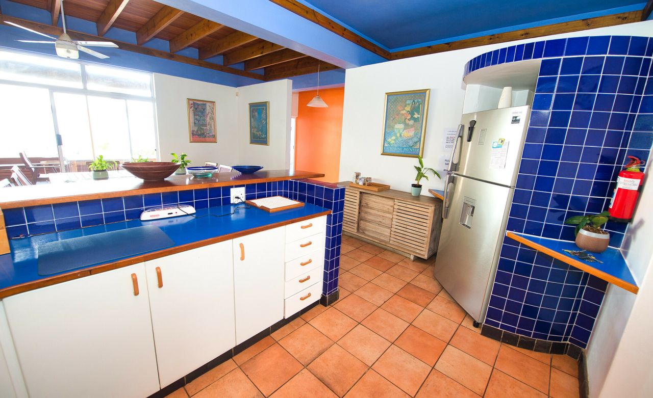 Blue and white themed kitchen. Kitchen cupboards are white with blue counter tops. There is a white ceiling fan, on a wooden ceiling. A silver fridge is available. A fire hydrant is to the left of the fridge. The floor consists of tan coloured tiles.